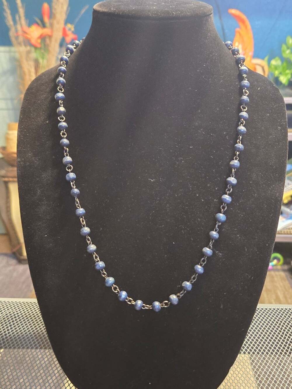 Blue Bead Station Necklace with Hook Clasp and Logo Tag